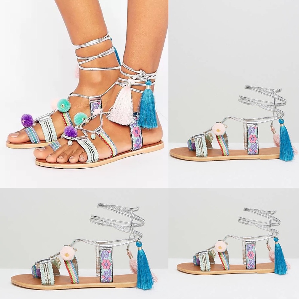 ASOS FESTIVE Leather Pom Tie Leg Sandals